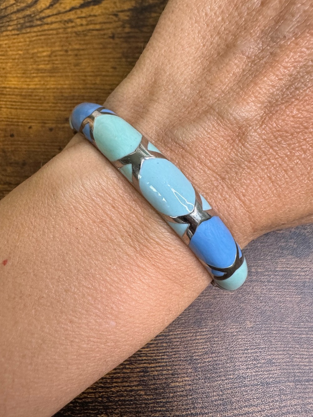 Vintage Turquoise & Sky Blue Enamel Inlay Bangle Bracelet - Women Jewelry